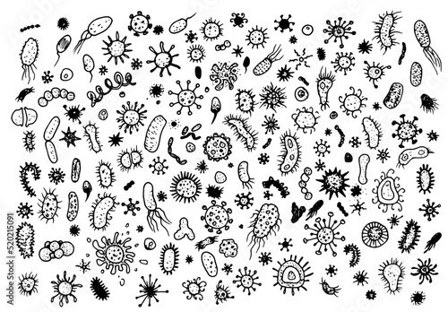 a set of icons of viruses and bacteria of different shapes. Bacteria and microbes, pathogenic microorganisms,