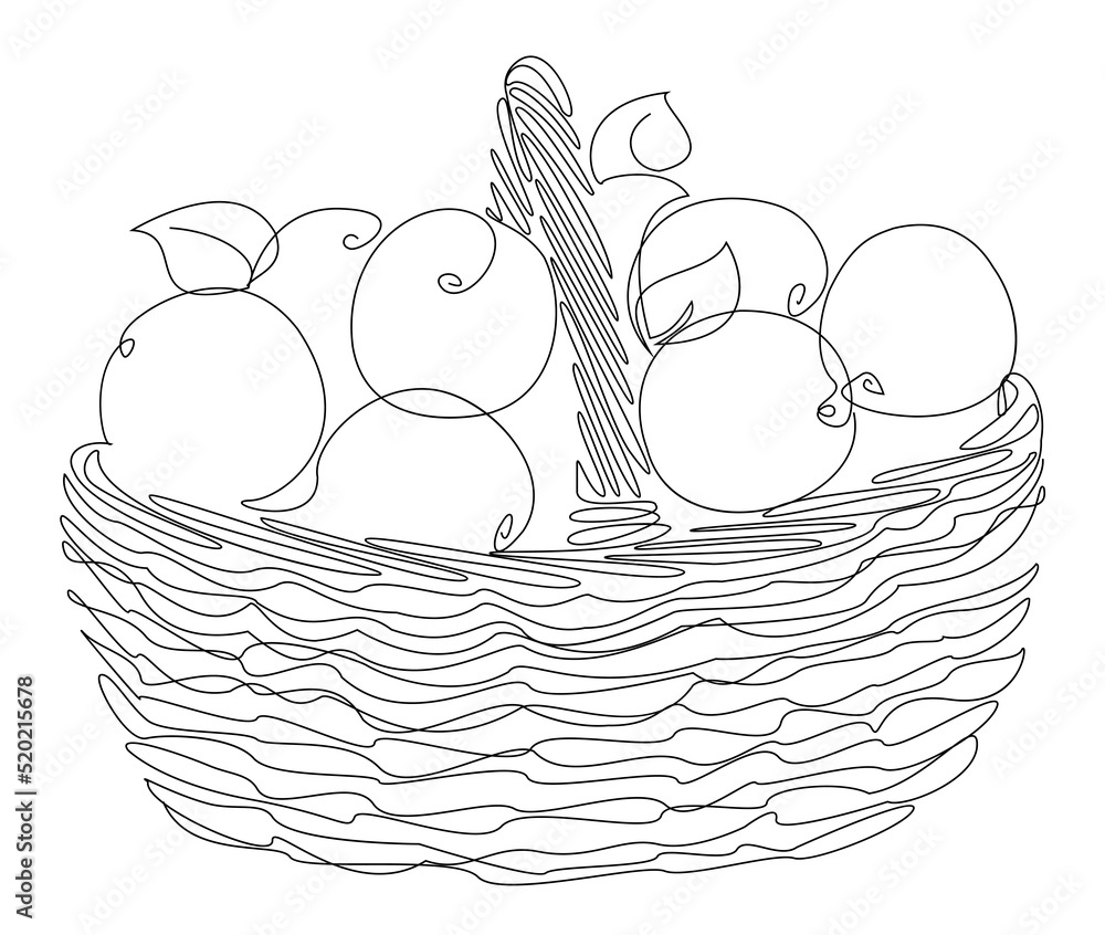Basket with ripe red apples. Picture in a modern one-line style. Solid line, outline for decor, posters, stickers, logo. Vector illustration.