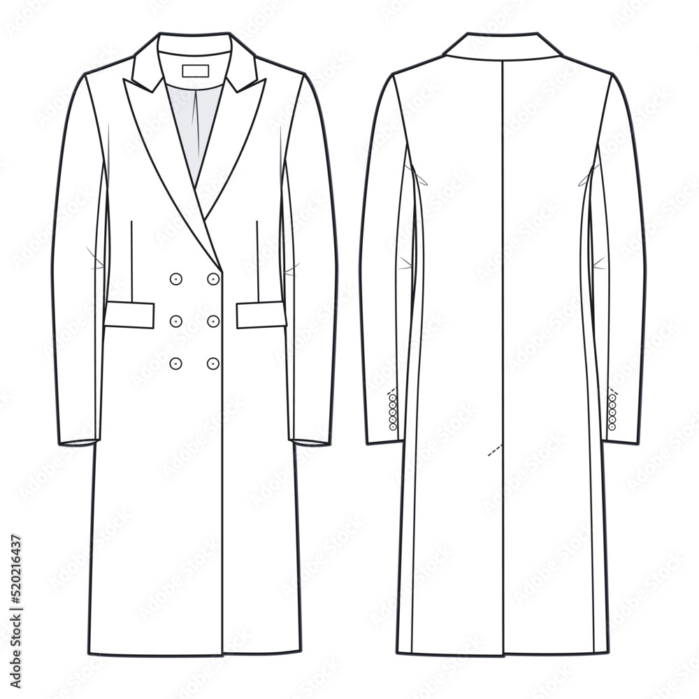 Coat technical fashion illustration. Unisex wool Coat fashion flat ...