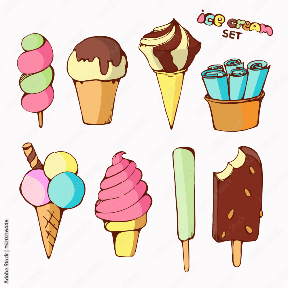 Hand drawn set of doodle with different ice cream types: waffle cone, cup ice cream, popsicle, sundae. Sketch style vector illustration for cafe menu, card, birthday card decoration. Hand drawn set of doodle with different ice cream types: waffle cone, cup ice cream, popsicle, sundae. Sketch style vector illustration for cafe menu, card, birthday card decoration.