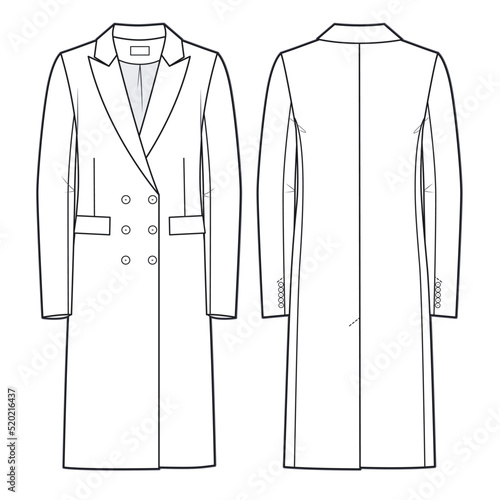  Coat technical fashion illustration. Unisex wool Coat fashion flat  template, classic, double breasted, front, back view, white. Outerwear women, men, unisex CAD mockup.