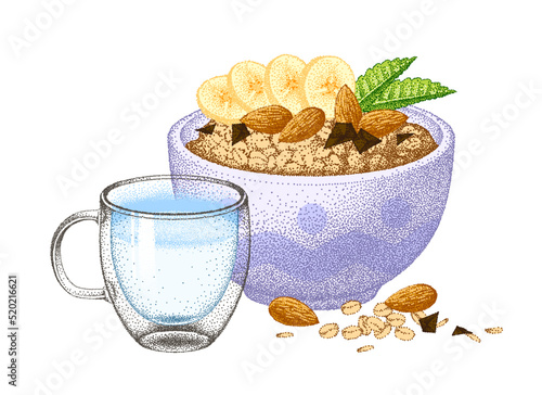 Healthy breakfast with banana, almond nuts and chocolate. Oatmeal porridge with milk, yogurt. Granola bowl. Muesli flakes, oat grain. Vector sketch.