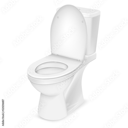 White home toilet open cap realistic vector illustration. Modern bathroom ceramic lavatory