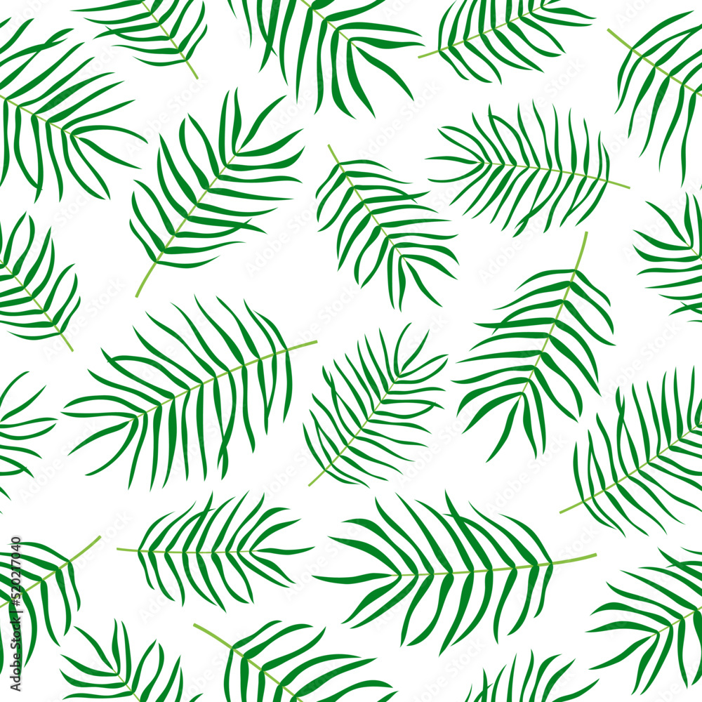 Palm leaves seamless pattern. Green plants on white background
