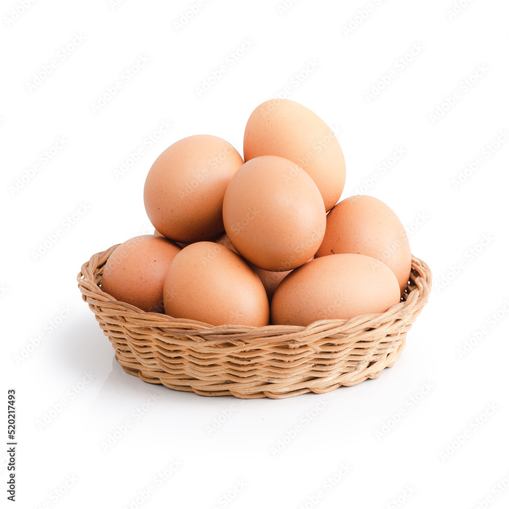 Eggs in a basket and reflection isolated on a white background are Suitable for creative graphic design and clipping paths. Eggs in a basket and reflection isolated on a white background are Suitable for creative graphic design and clipping paths.