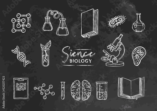 Vector set collection with elements of Biology science, chalk style on black board. Chalk doodles on textured chalkboard. Back to school and college supples. Microscope and flasks. Chalk texture 