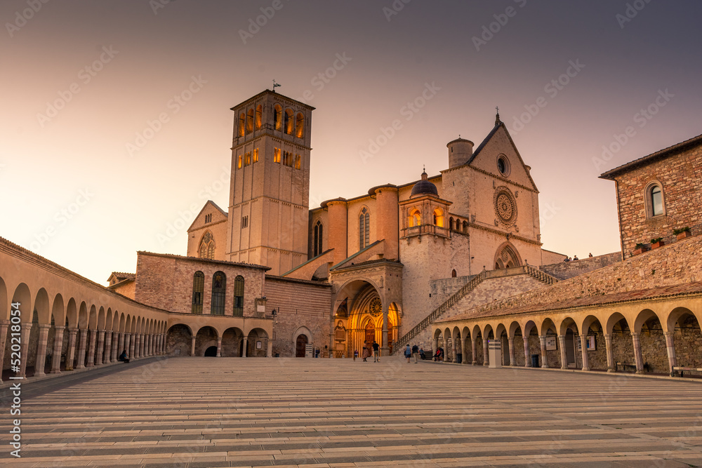 ASSISI, ITALY, 6 AUGUST 2021 Sunset over the San Francesco Basilica, one of the most important catholic churches