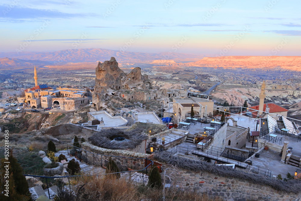  Valley with old houses in the rocks in Uchisar, Cappadocia, Turkey