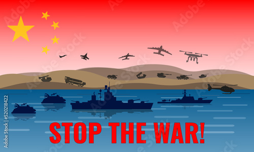 Vector illustration of Chinese military exercises off the coast of Taiwan in the South China Sea. View on the background of the flag of China.
