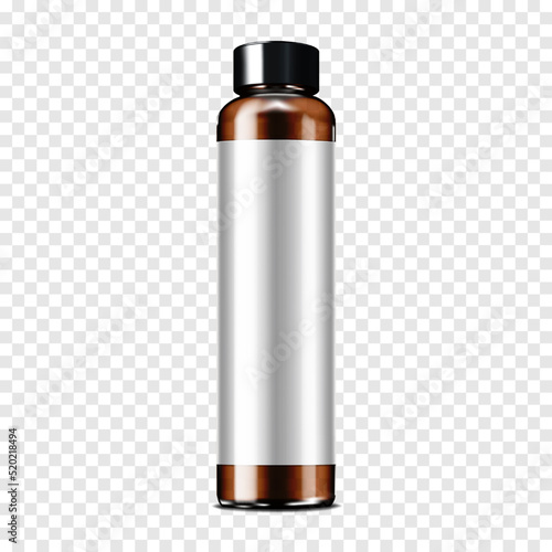 Dark brown clear glass or plastic cylindrical bottle with black screw cap and white blank label on transparent background. Realistic vector mock-up. Template for design