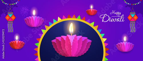 Happy Diwali 3D graphic with origami paper diya lamp. Diwali decorative paper lamp mockup. photo