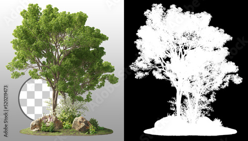 Group of trees among the rocks. Cutout trees isolated on transparent background via an alpha channel. Landscape of green deciduous. Forest scape for landscaping or architectural visualisation.