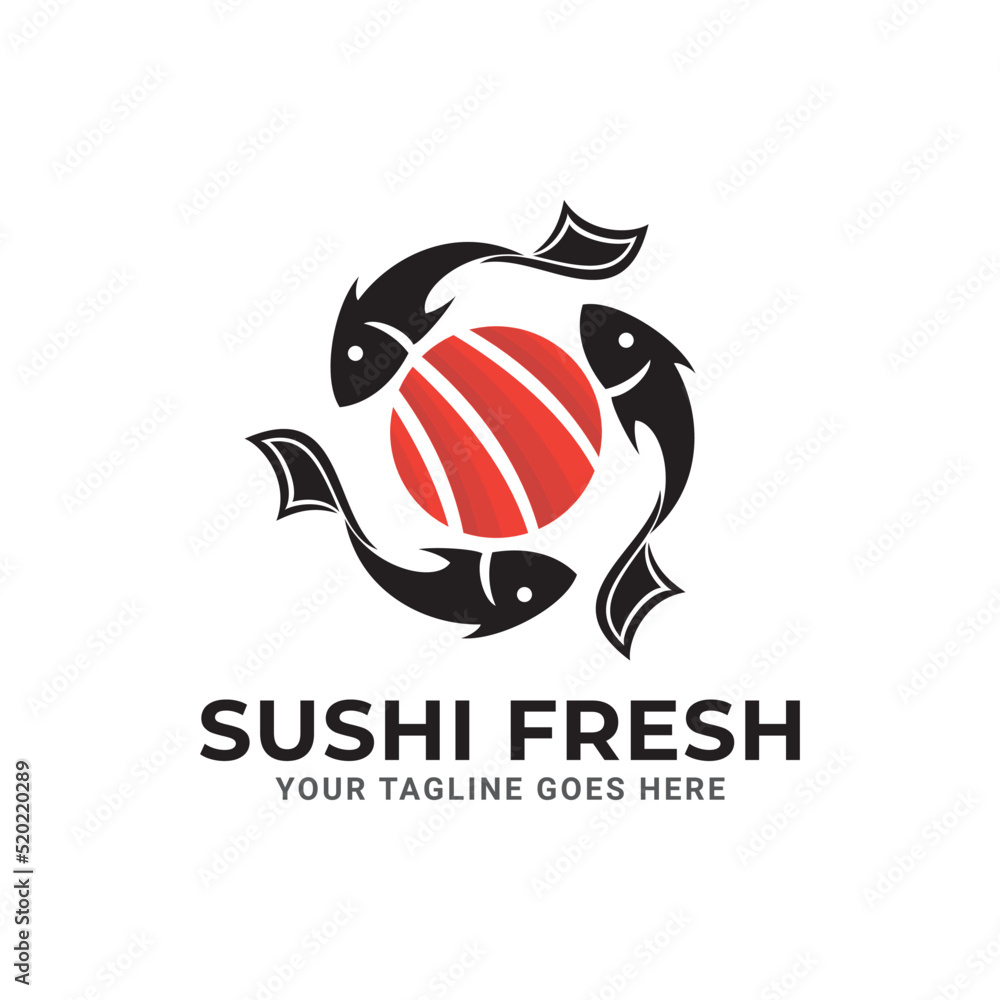 Sushi Logo Design With Fish. Isolated In White Background. Modern Design. Flat Logo. Sushi Logo. Sushi. Vector Illustration