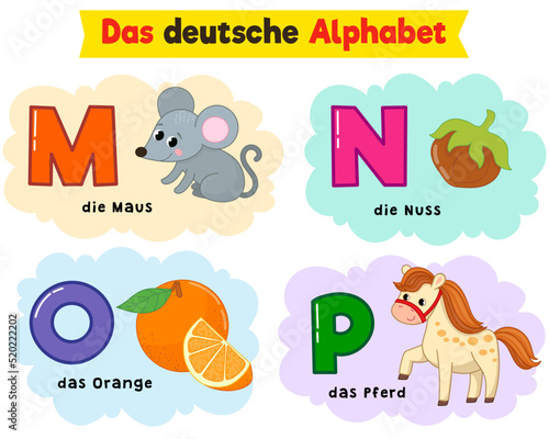 german alphabet. written in German mouse, nut, horse, orange