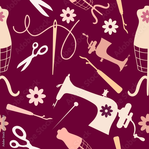 Sewing and tailoring dressmaking items like sewing machine, scissors, needles on white, seamless surface design pattern illustration