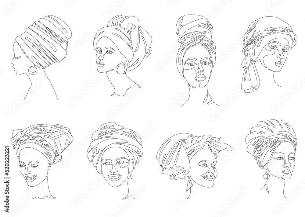 Collection. Girl head silhouettes. Lady in a turban, scarf. Female face in modern single line style. Solid line, outline for decor, posters, stickers, logo. vector illustration set. Collection. Girl head silhouettes. Lady in a turban, scarf. Female face in modern single line style. Solid line, outline for decor, posters, stickers, logo. vector illustration set.