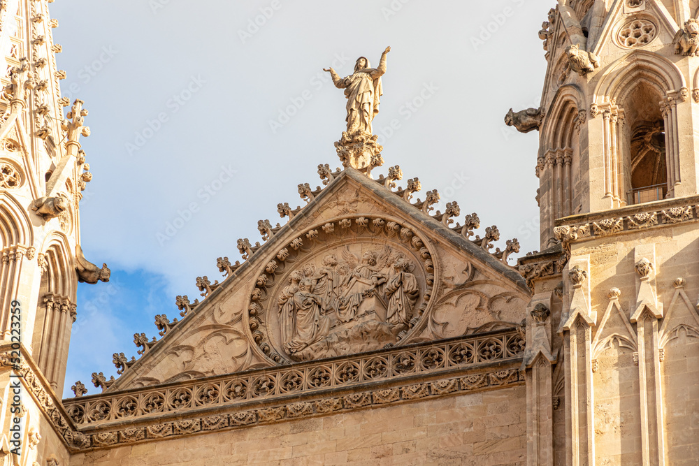 Palma de Mallorca, Spain. Detail of the Portal Mayor facade of the Gothic Cathedral of Santa Maria