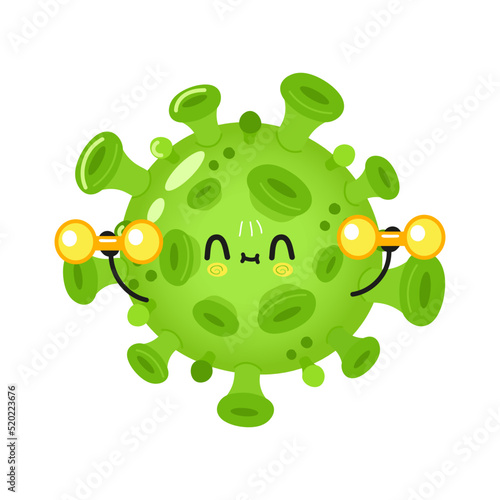Cute funny virus character with dumbbells. Vector hand drawn cartoon kawaii character illustration icon. Isolated on white background. virus character gym concept