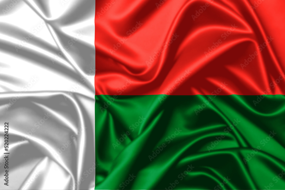 Madagascar waving flag close up satin texture background