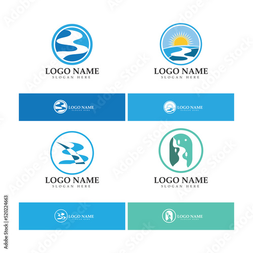 River mountain sun Logo vector icon illustration design template