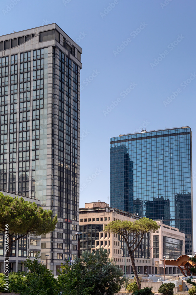 Naples business center, modern architecture. Modern buildings and skyscrapers with mirrored facades in the futuristic