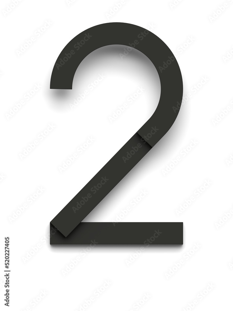 Number 2 made of several black simple geometric shapes lying on top of each other with 3D effect and shadows on white background, 3d rendering