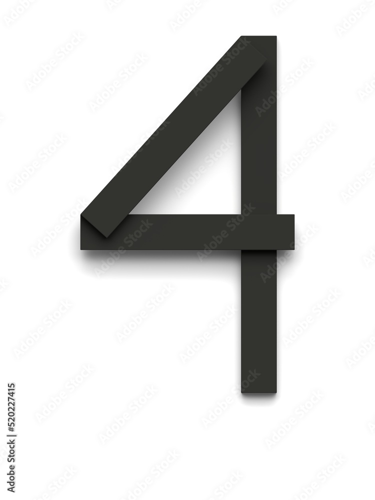 Number 4 made of several black simple geometric shapes lying on top of each other with 3D effect and shadows on white background, 3d rendering Number 4 made of several black simple geometric shapes lying on top of each other with 3D effect and shadows on white background, 3d rendering