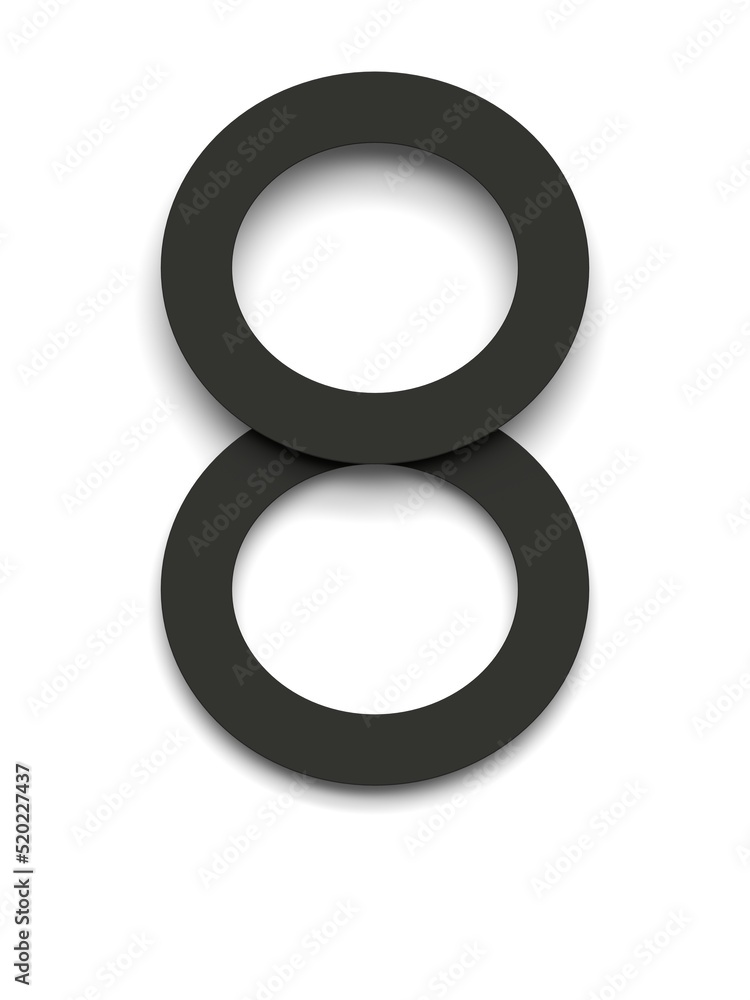 Number 8 made of several black simple geometric shapes lying on top of each other with 3D effect and shadows on white background, 3d rendering Number 8 made of several black simple geometric shapes lying on top of each other with 3D effect and shadows on white background, 3d rendering