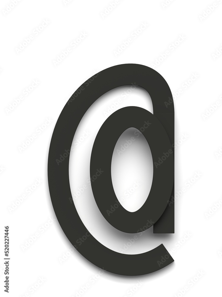 At sign made of several black simple geometric shapes lying on top of each other with 3D effect and shadows on white background, 3d rendering