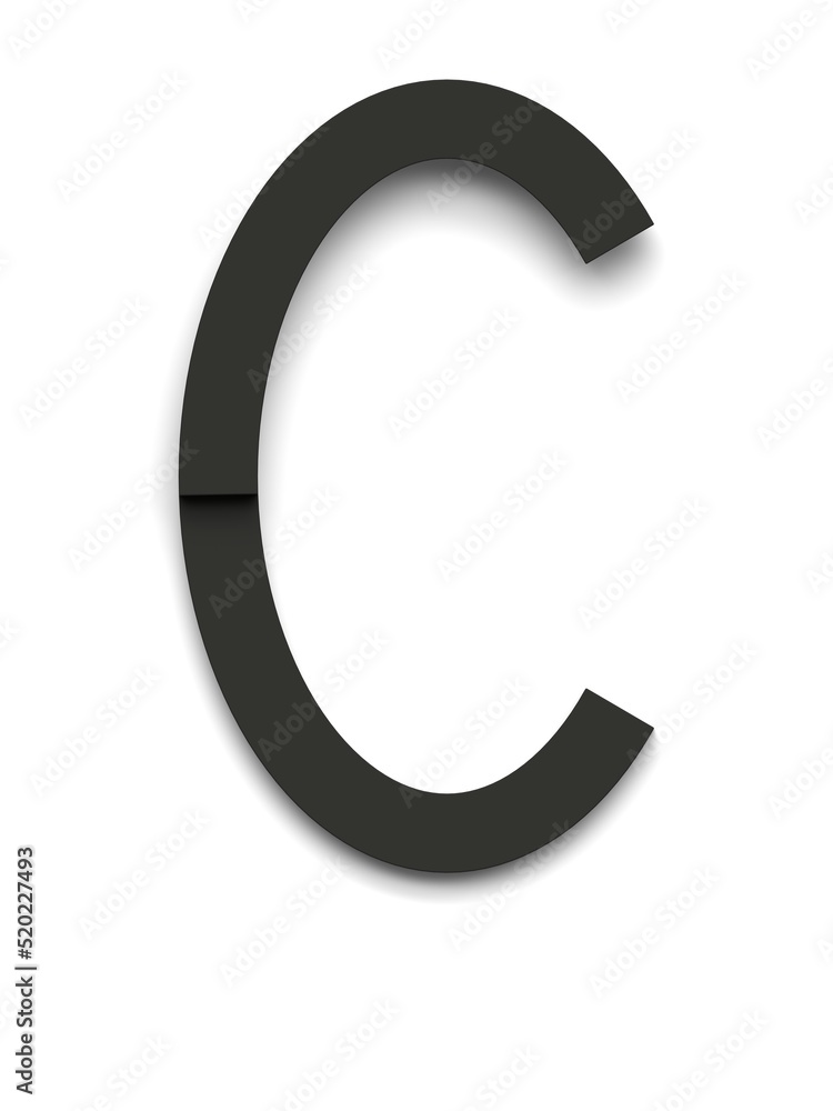 Letter C made of several black simple geometric shapes lying on top of each other with 3D effect and shadows on white background, 3d rendering Letter C made of several black simple geometric shapes lying on top of each other with 3D effect and shadows on white background, 3d rendering