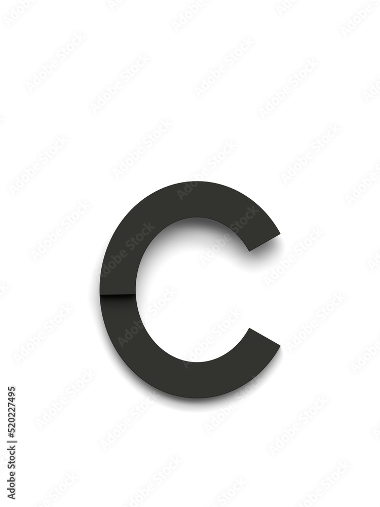 Small letter c made of several black simple geometric shapes lying on top of each other with 3D effect and shadows on white background, 3d rendering Small letter c made of several black simple geometric shapes lying on top of each other with 3D effect and shadows on white background, 3d rendering