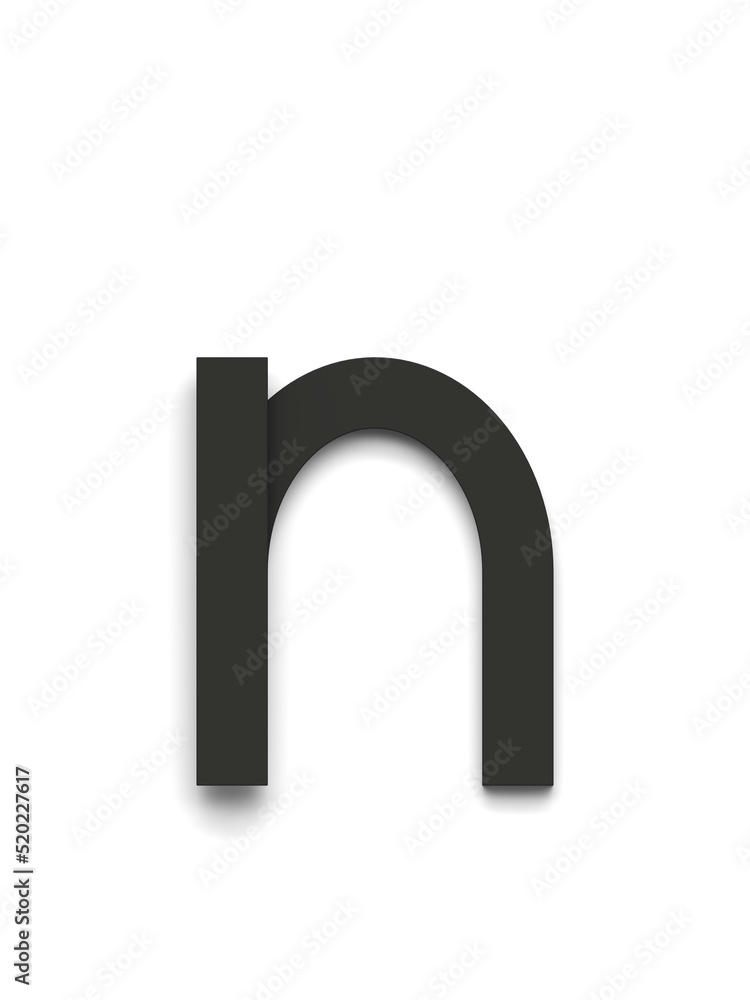 Small letter n made of several black simple geometric shapes lying on top of each other with 3D effect and shadows on white background, 3d rendering Small letter n made of several black simple geometric shapes lying on top of each other with 3D effect and shadows on white background, 3d rendering