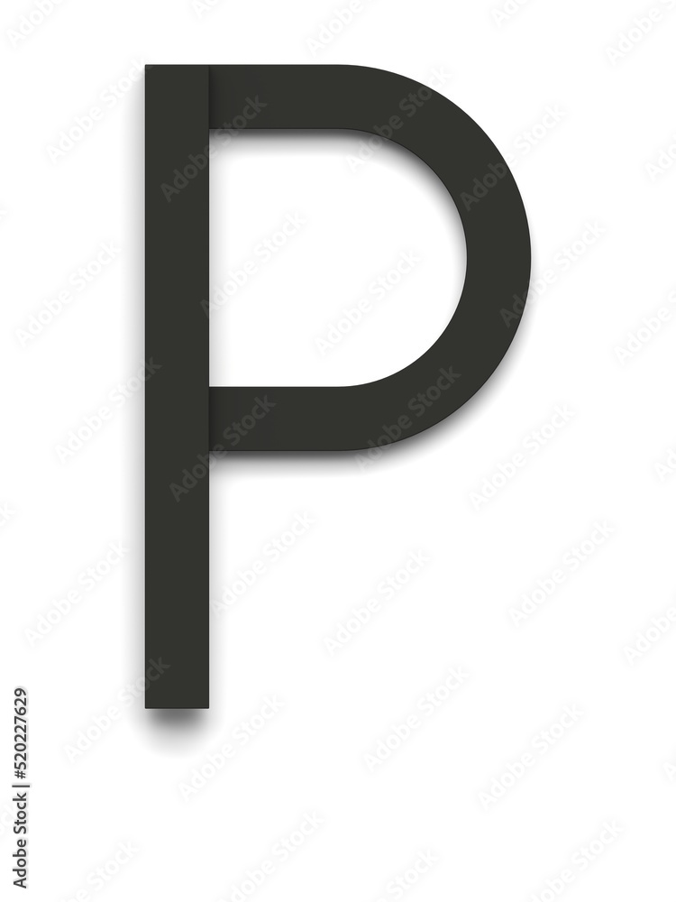 Letter P made of several black simple geometric shapes lying on top of each other with 3D effect and shadows on white background, 3d rendering Letter P made of several black simple geometric shapes lying on top of each other with 3D effect and shadows on white background, 3d rendering