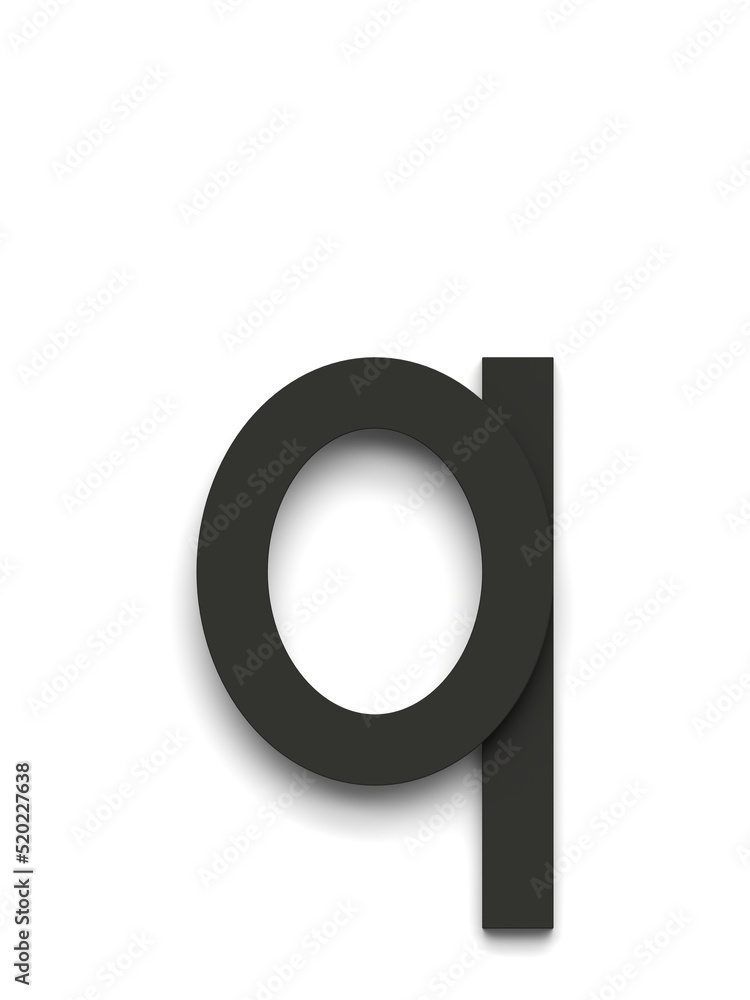 Small letter q made of several black simple geometric shapes lying on top of each other with 3D effect and shadows on white background, 3d rendering Small letter q made of several black simple geometric shapes lying on top of each other with 3D effect and shadows on white background, 3d rendering
