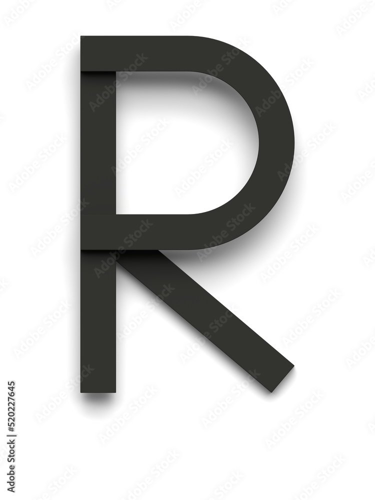 Letter R made of several black simple geometric shapes lying on top of each other with 3D effect and shadows on white background, 3d rendering
