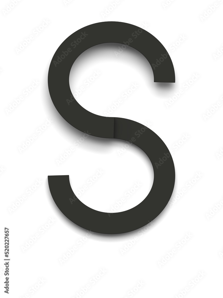 Letter S made of several black simple geometric shapes lying on top of each other with 3D effect and shadows on white background, 3d rendering Letter S made of several black simple geometric shapes lying on top of each other with 3D effect and shadows on white background, 3d rendering