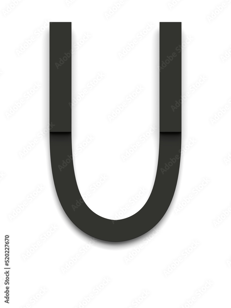 Letter U made of several black simple geometric shapes lying on top of each other with 3D effect and shadows on white background, 3d rendering Letter U made of several black simple geometric shapes lying on top of each other with 3D effect and shadows on white background, 3d rendering