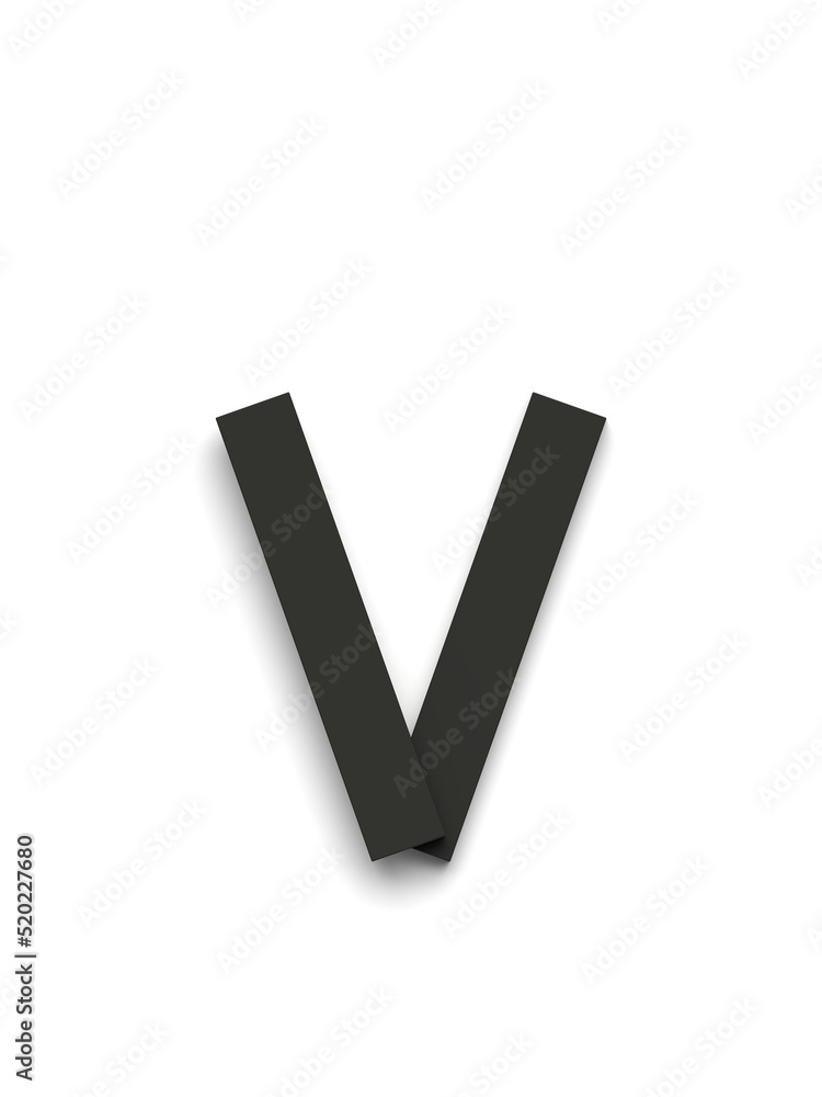 Small letter v made of several black simple geometric shapes lying on top of each other with 3D effect and shadows on white background, 3d rendering Small letter v made of several black simple geometric shapes lying on top of each other with 3D effect and shadows on white background, 3d rendering