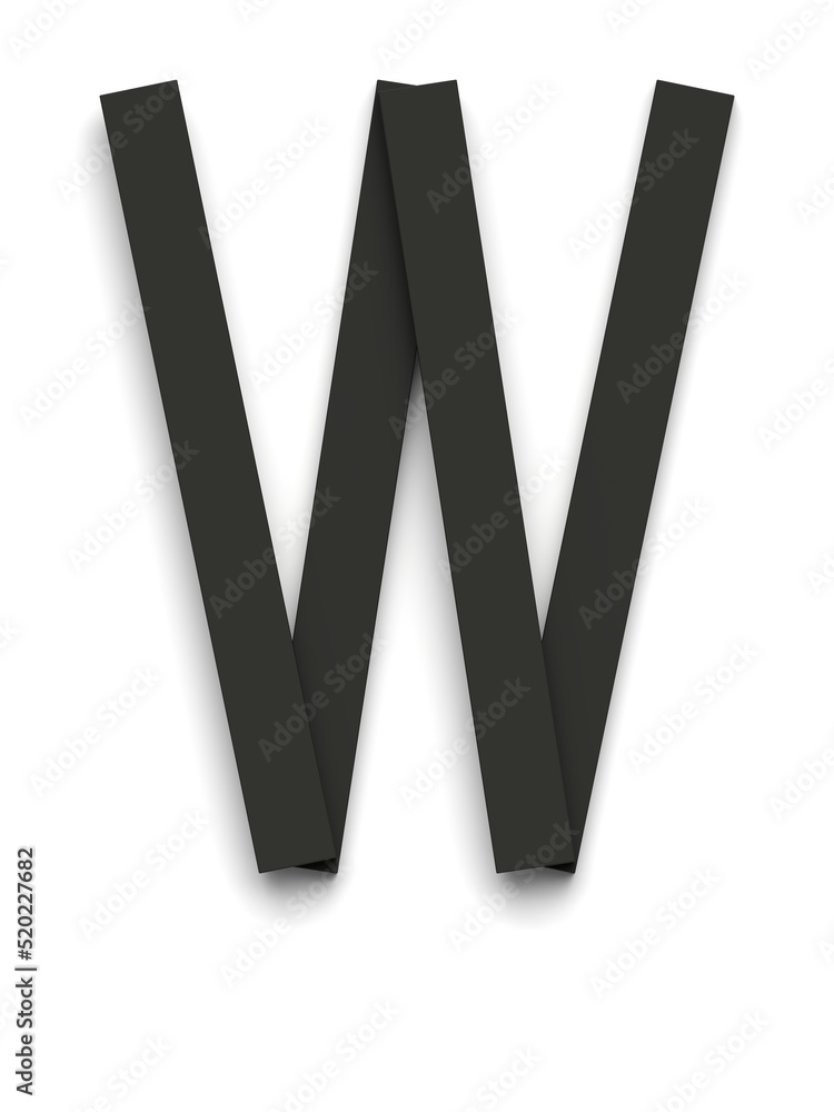 Letter W made of several black simple geometric shapes lying on top of each other with 3D effect and shadows on white background, 3d rendering Letter W made of several black simple geometric shapes lying on top of each other with 3D effect and shadows on white background, 3d rendering
