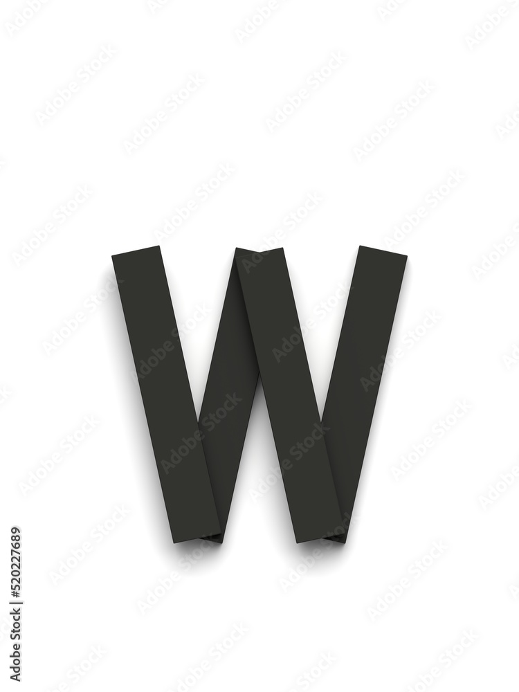 Small letter w made of several black simple geometric shapes lying on top of each other with 3D effect and shadows on white background, 3d rendering Small letter w made of several black simple geometric shapes lying on top of each other with 3D effect and shadows on white background, 3d rendering