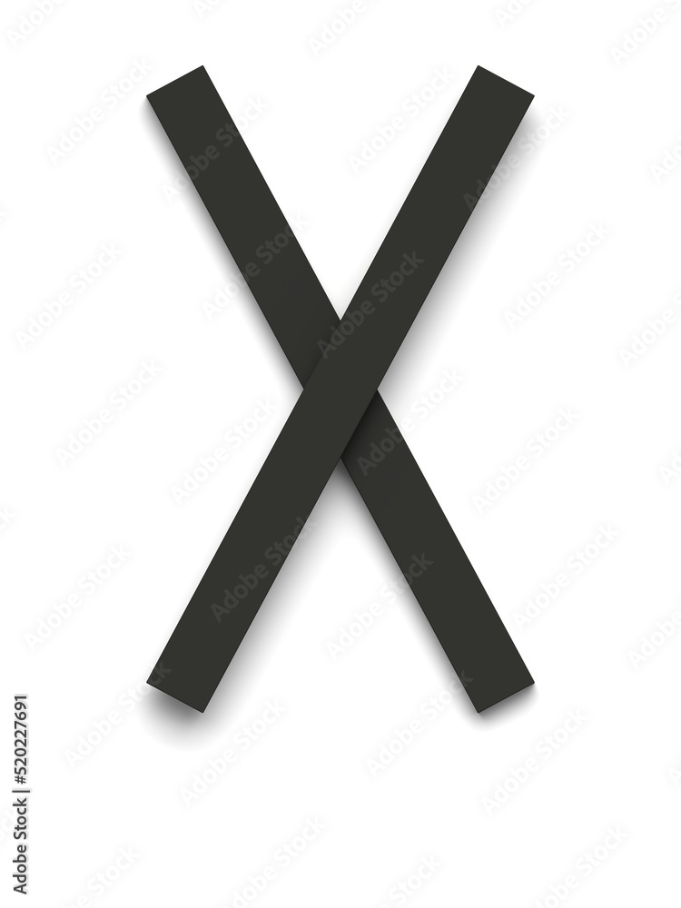 Letter X made of several black simple geometric shapes lying on top of each other with 3D effect and shadows on white background, 3d rendering Letter X made of several black simple geometric shapes lying on top of each other with 3D effect and shadows on white background, 3d rendering