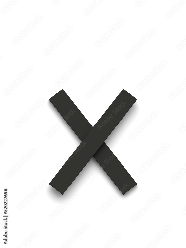 Obraz premium Small letter x made of several black simple geometric shapes lying on top of each other with 3D effect and shadows on white background, 3d rendering