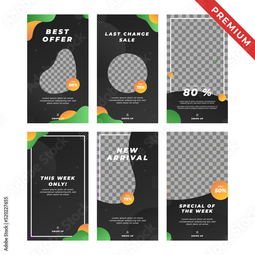 Set of Social media stories in potrait, editable design template, black, green, and orange abstract trendy liquid modern background