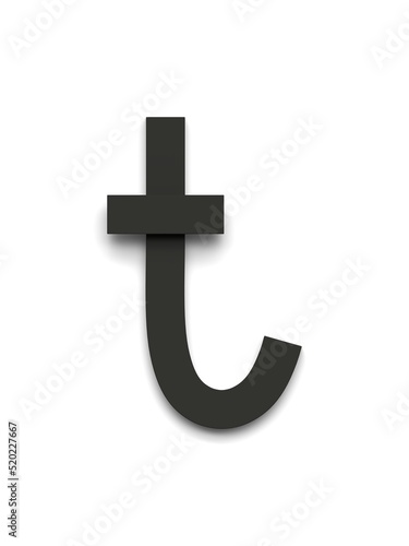 Small letter t made of several black simple geometric shapes lying on top of each other with 3D effect and shadows on white background, 3d rendering