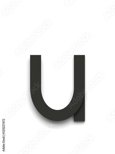 Small letter u made of several black simple geometric shapes lying on top of each other with 3D effect and shadows on white background, 3d rendering