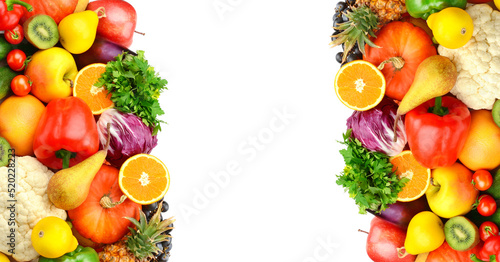 Different useful fruits and vegetables isolated on white background. Collage. Place for your text.