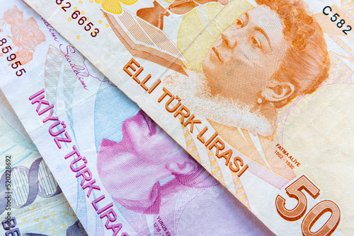 Three turkish lira banknotes closeup photo