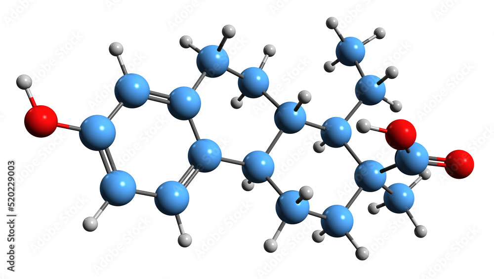 3D image of Doisynolic acid skeletal formula - molecular chemical structure of synthetic nonsteroidal estrogen isolated on white background
3D image of Doisynolic acid skeletal formula - molecular chemical structure of synthetic nonsteroidal estrogen isolated on white background