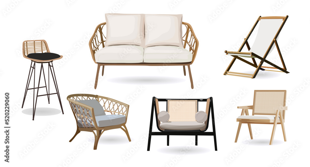 Set of modern scandinavian or boho style furniture - sofa and chairs. Rattan  outdoor, lounge, living room, garden furniture. Realistic vector  illustration isolated. vector de Stock | Adobe Stock