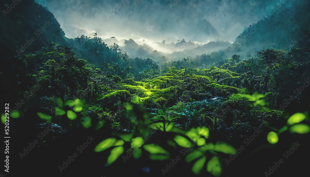 Exotic foggy forest. Jungle panorama, forest oasis. Foggy dark